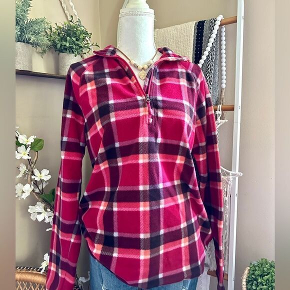 Eddie Bauer Pink/Orange Plaid Quarter Zip Fleece Pullover Sweatshirt - Picture 2 of 9